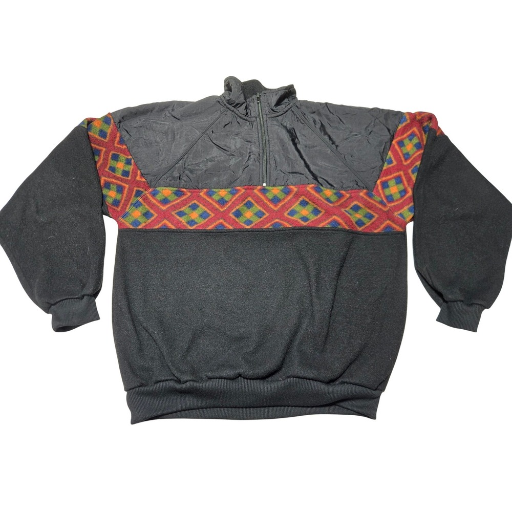Vintage Pierre Cardin 1/4 Zip‎ Fleece Aztec Pattern Pullover Black Mens Medium